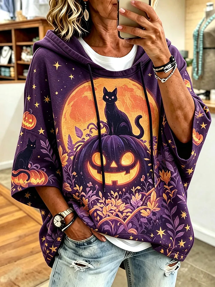 Women's Casual Hoodie Featuring Cat On Jack-o'-lantern Pumpkin And Full Moon Graphic