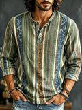 Men's Vintage Boho Ethnic Stripe Print Henry Collar Long Sleeve T-Shirt
