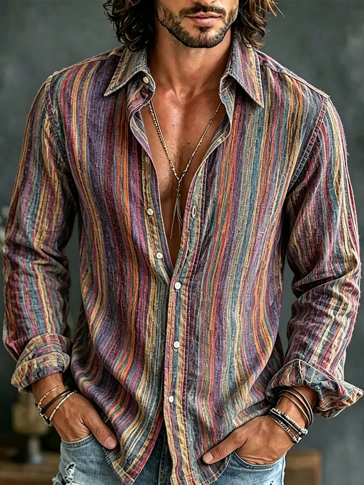 Men's Vertical Wavy Stripes Print Long Sleeve Shirt