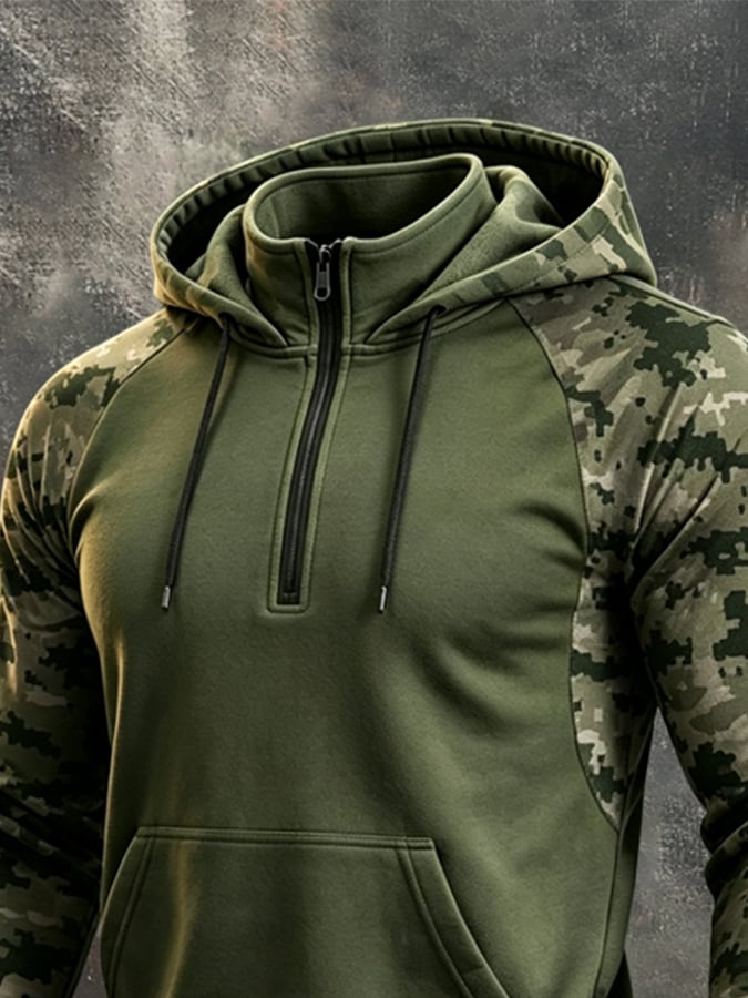 Men's Retro Color-Block Camo Print Quarter-Zip Hoodie