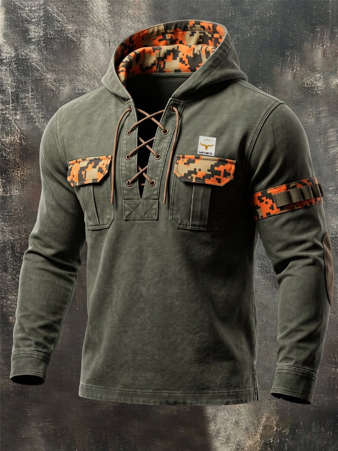 Men's Outdoor Camouflage-Panel Hoodie with Drawstring Collar