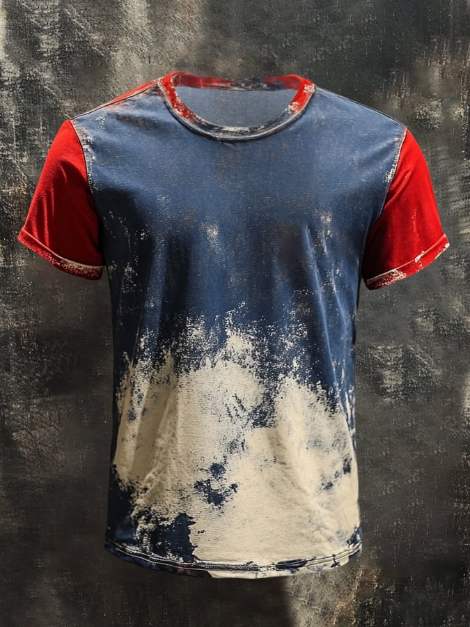Men's retro style color block round neck short sleeve t-shirt
