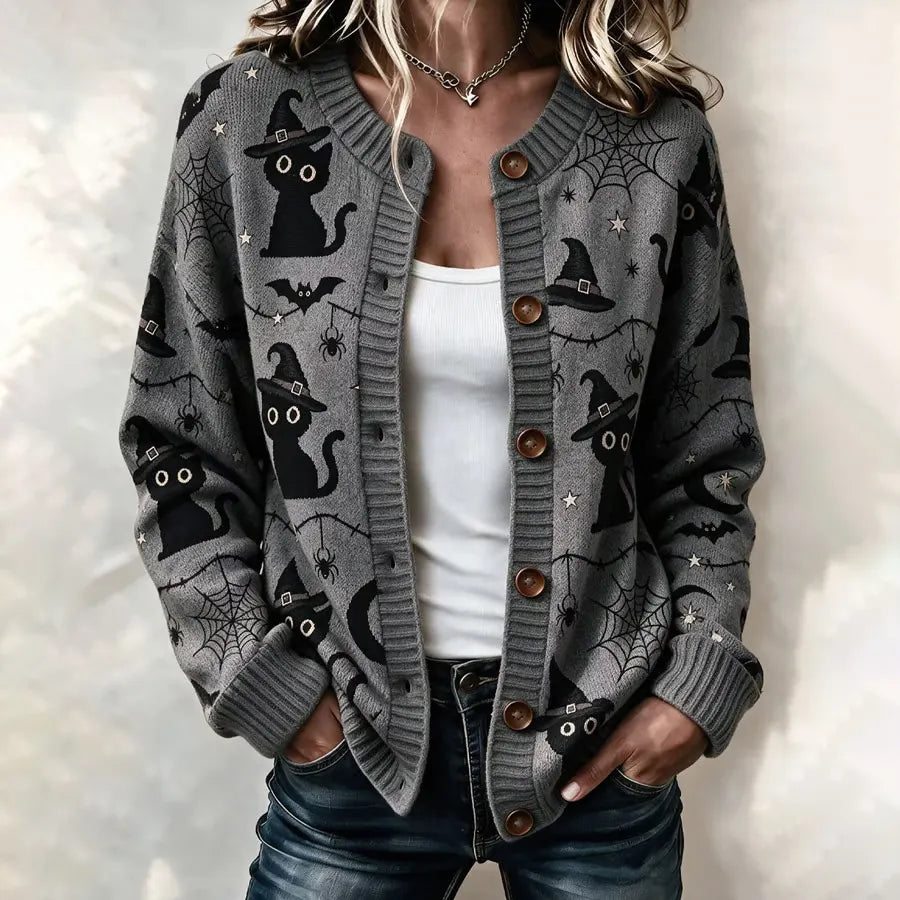 Women's Halloween Black Cat Pattern Knit Cardigan