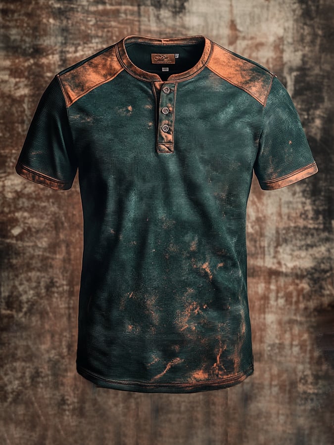 Men's Vintage Distressed Waffle Henry Short Sleeve T-Shirt