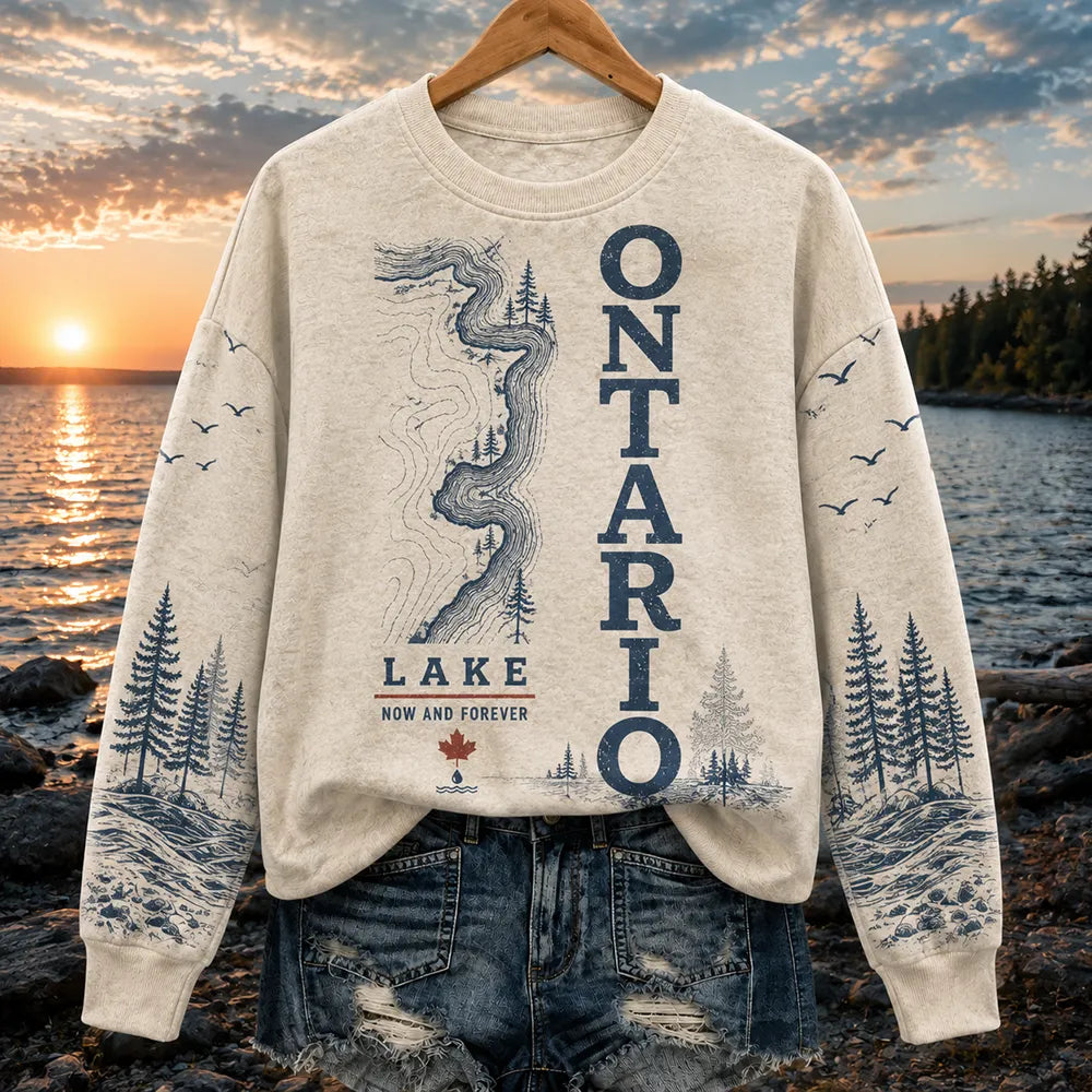 Women's Crewneck Sweatshirt - Lake Ontario River Topography, Pine Forest & Maple Leaf Print