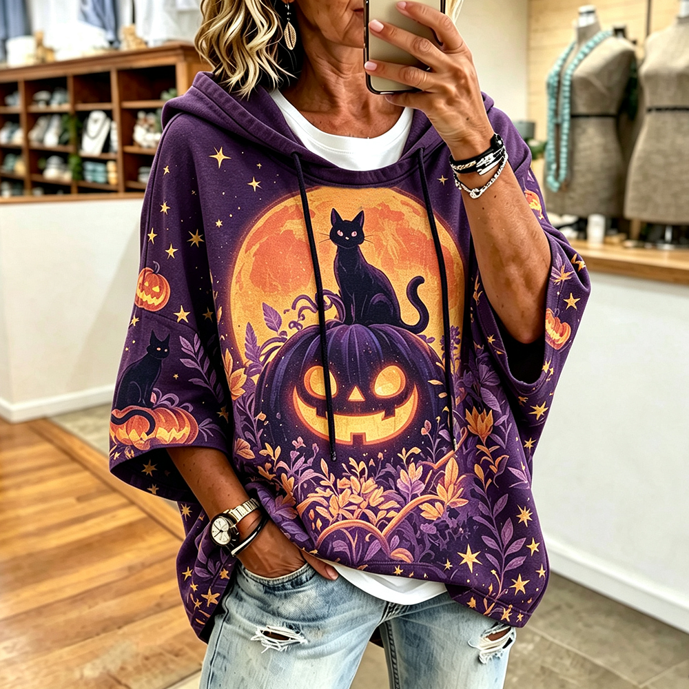 Women's Casual Hoodie Featuring Cat On Jack-o'-lantern Pumpkin And Full Moon Graphic