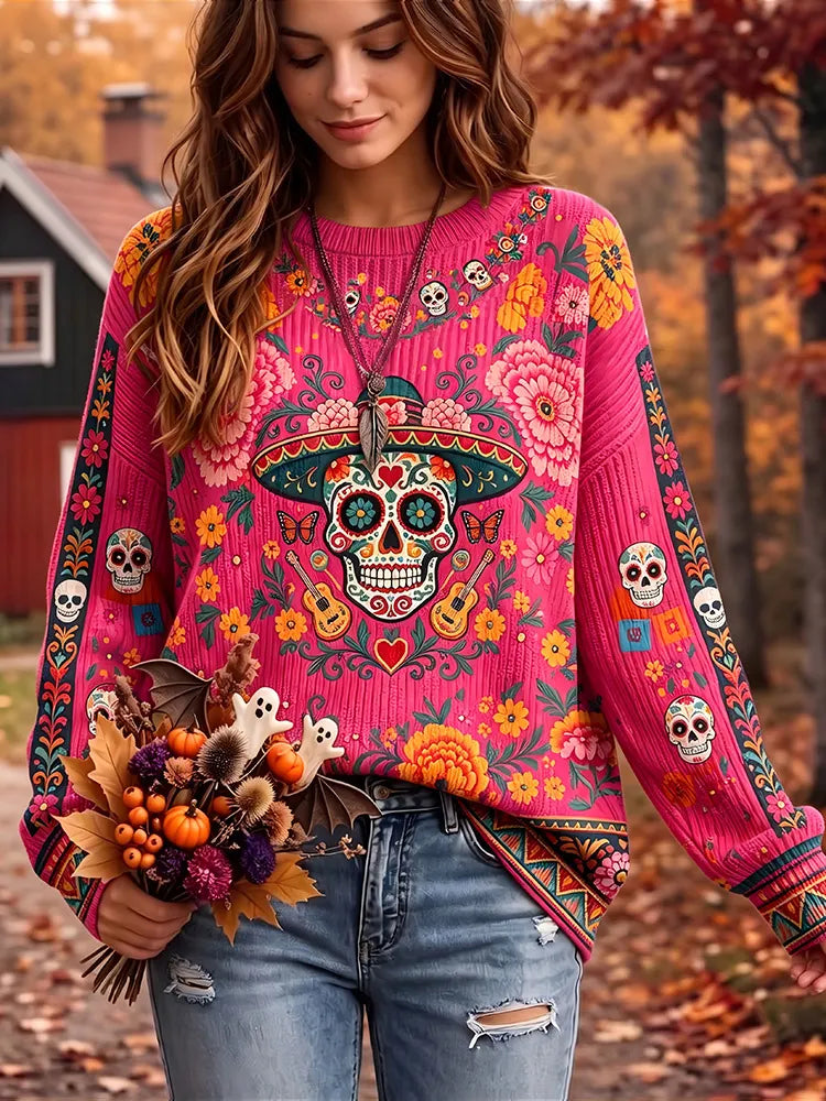 Women's Day Of The Dead Sugar Skull Floral Print Crew Neck Knit Sweater