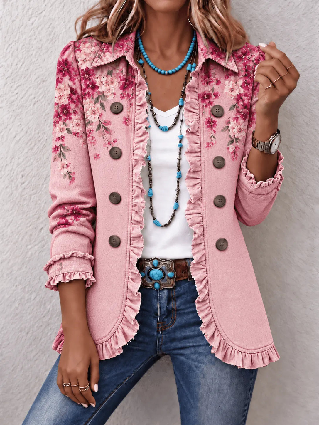 Graceful Cherry Blossom Corner Pink Print Ruffle Jacket 🌸🍃