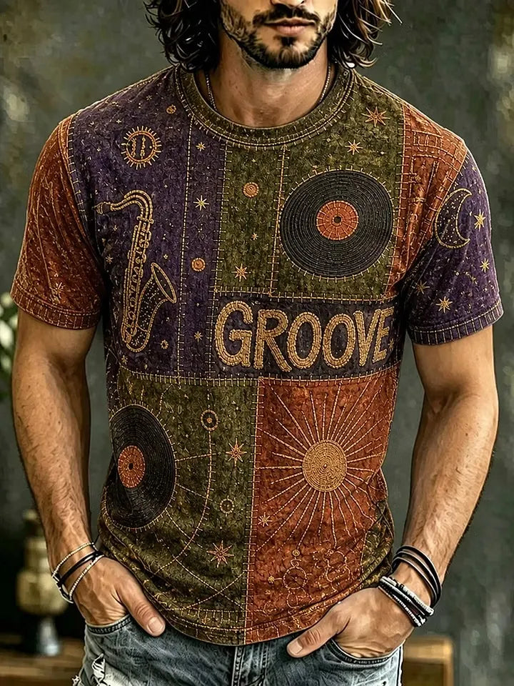 Men's Vintage Curved Saxophone Outline Black Vinyl Records Patchwork Print Crew Neck T-shirt