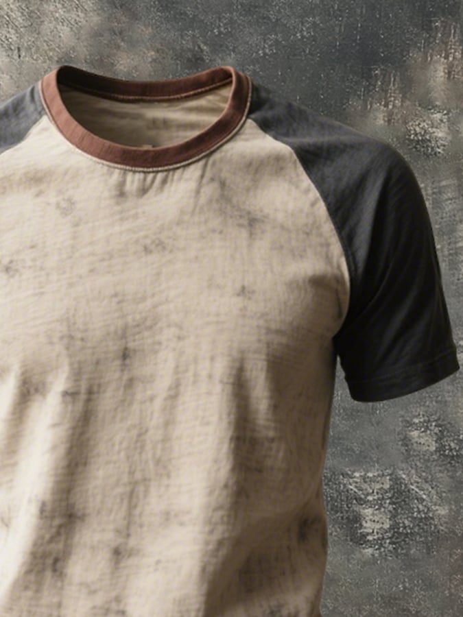 Men's round-neck raglan-sleeved T-shirt in color block style