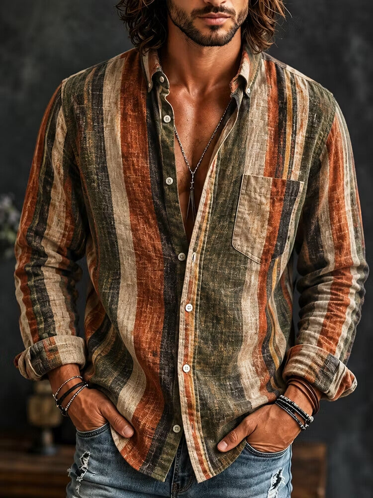 Men's Warm Earth Tones Flowing Vertical Stripes Print Long Sleeve Pocket Shirt