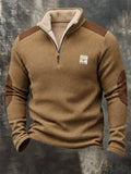 Men's Retro Textured Waffle-Knit Fleece-Lined Zip-Neck Sweatshirt