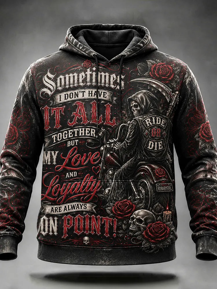 Men's Vintage Washed Distressed Motorcycle Grim Reaper Rose Pattern Gothic Skull Loyalty Quote Street Style Hoodie