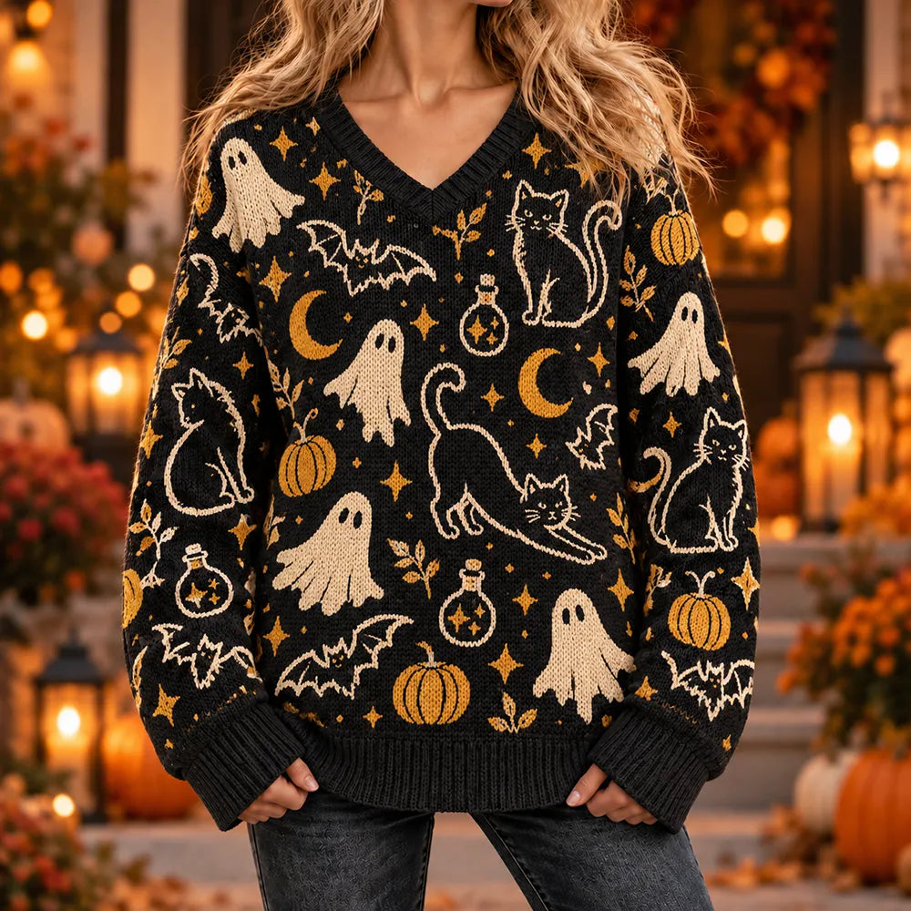 Women's Halloween Black Cat, Ghost And Pumpkin Pattern V-neck Knit Sweater
