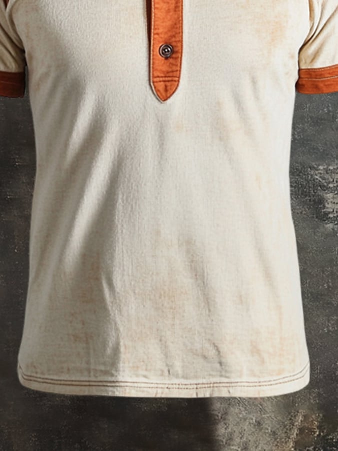 Men's Retro Colorblock Henley Collar Short Sleeve T-Shirt