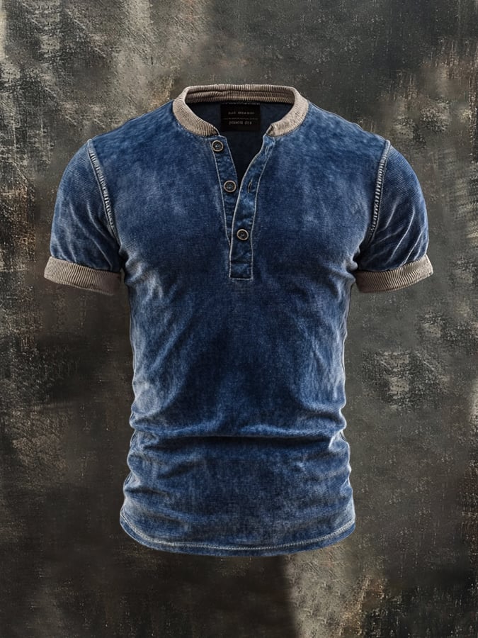 Men's casual Henley shirt with vintage print and short sleeves