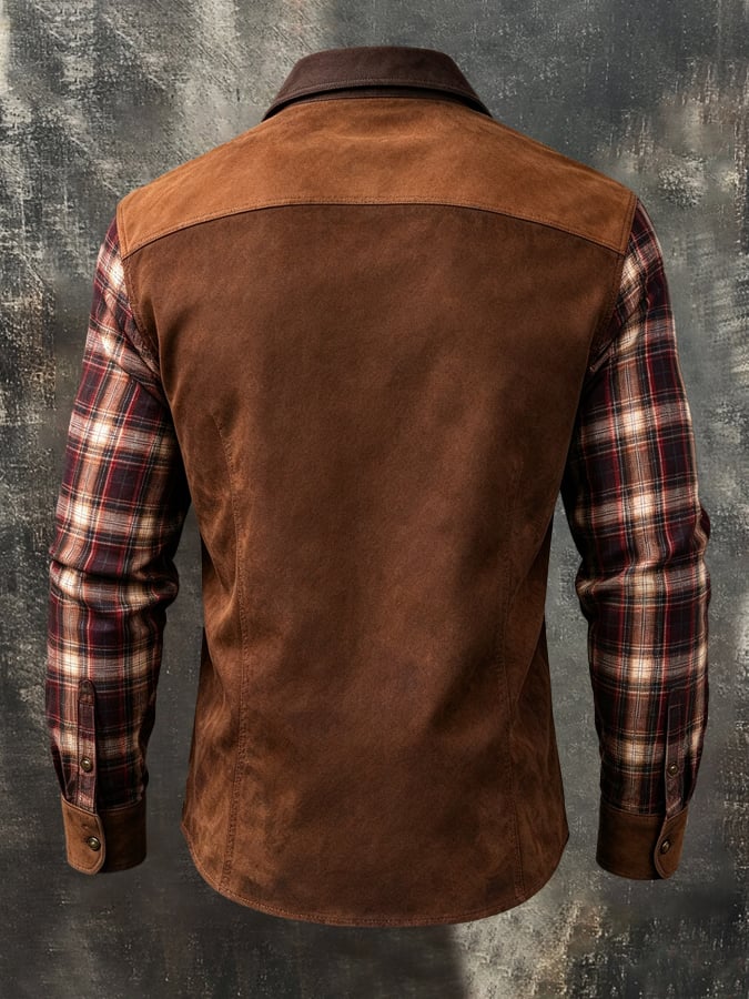 Men'S Retro Western-Style Long-Sleeve Shirt With Leather Paneling, Plaid Pattern, And Color-Blocking