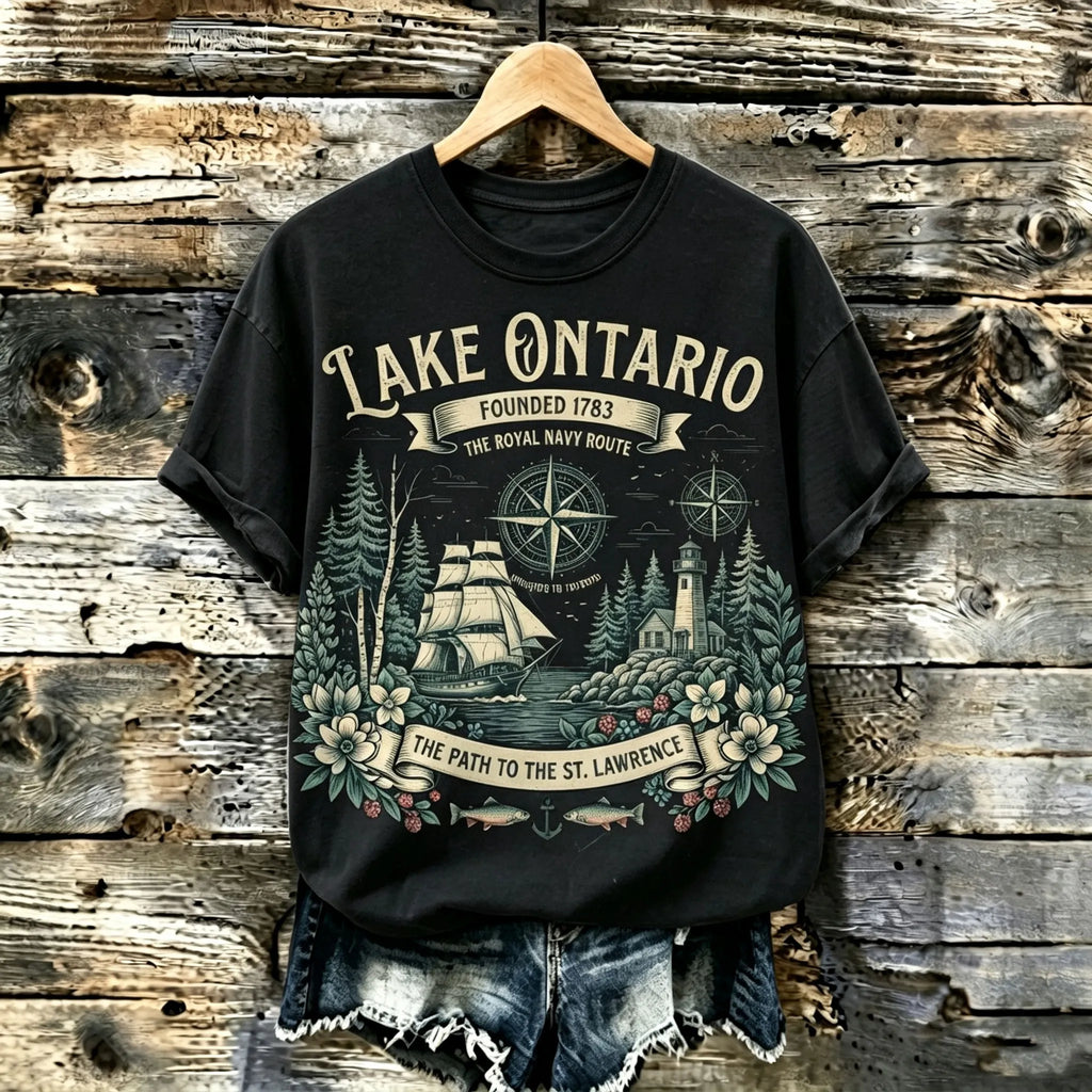 Women's Vintage Graphic T-shirt - St. Lawrence River & Lighthouse
