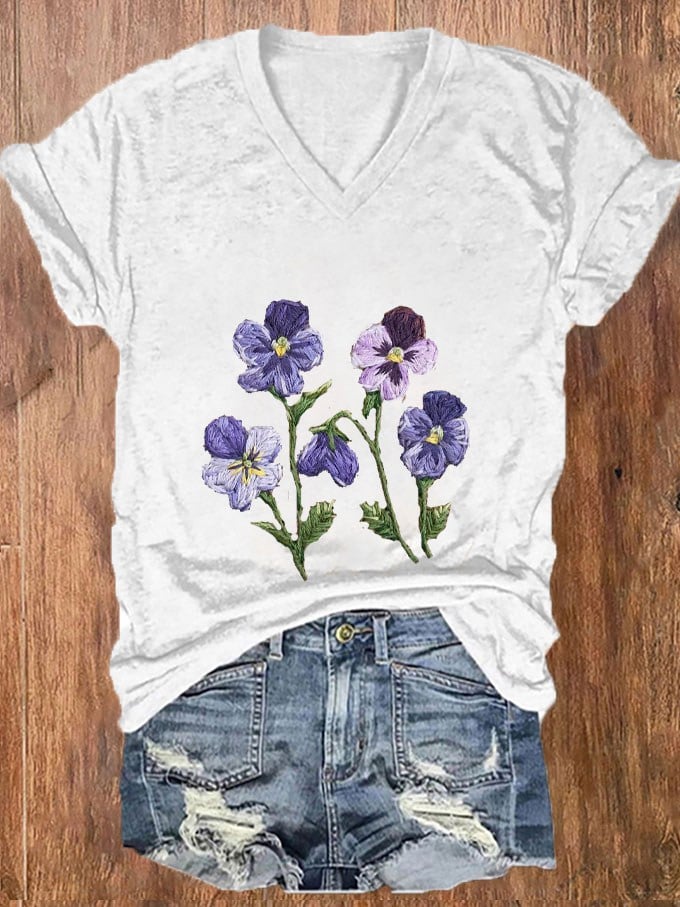 Women's Purple Floral Pansy Dementia Alzheimer's Disease Awareness Print V-Neck T-Shirt