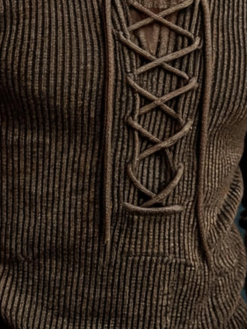 Men's Vintage-Wash Ribbed Lace-Up Long-Sleeve T-Shirt