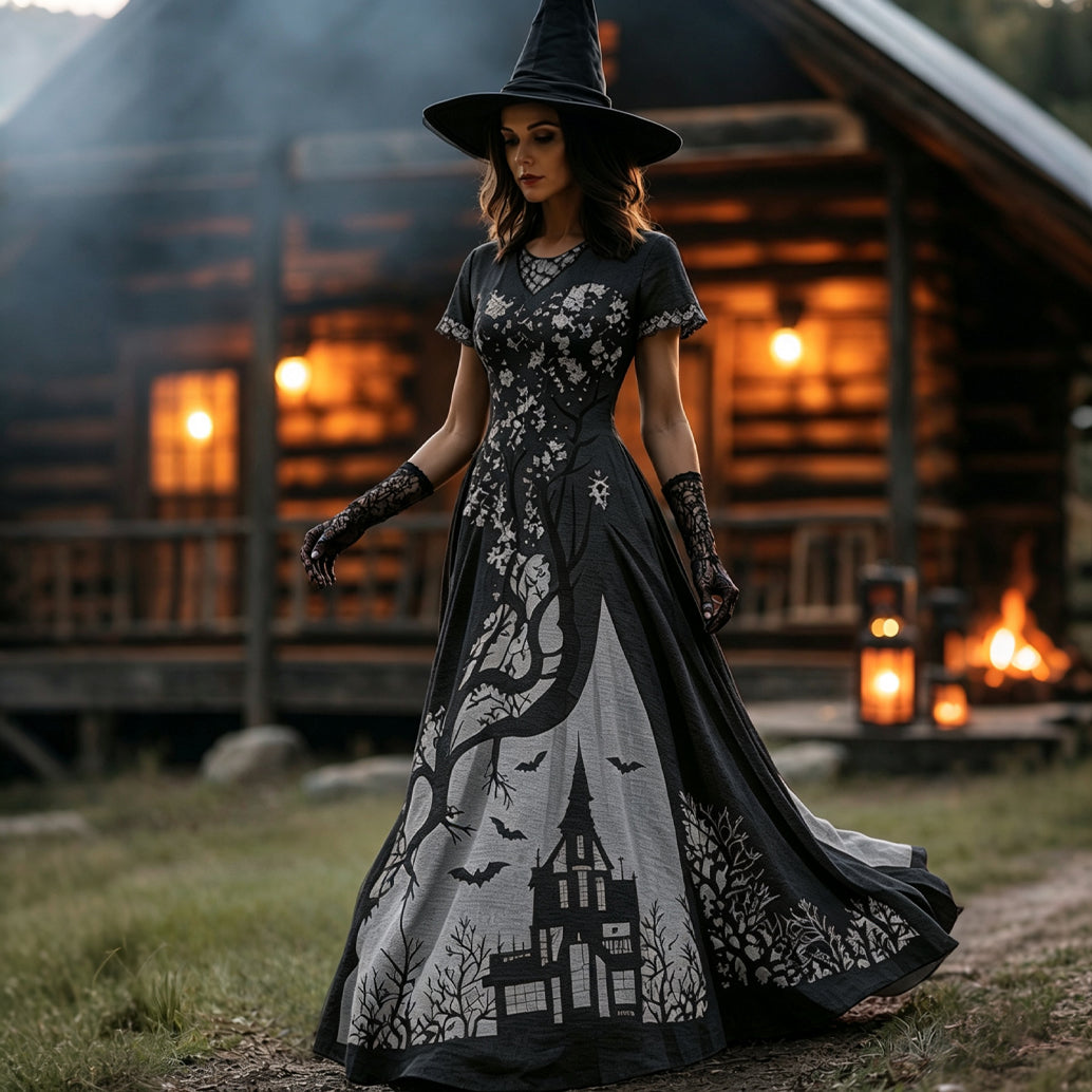 Women's Halloween Gradient Treehouse Design  V-neck Short Sleeves Maxi Dress