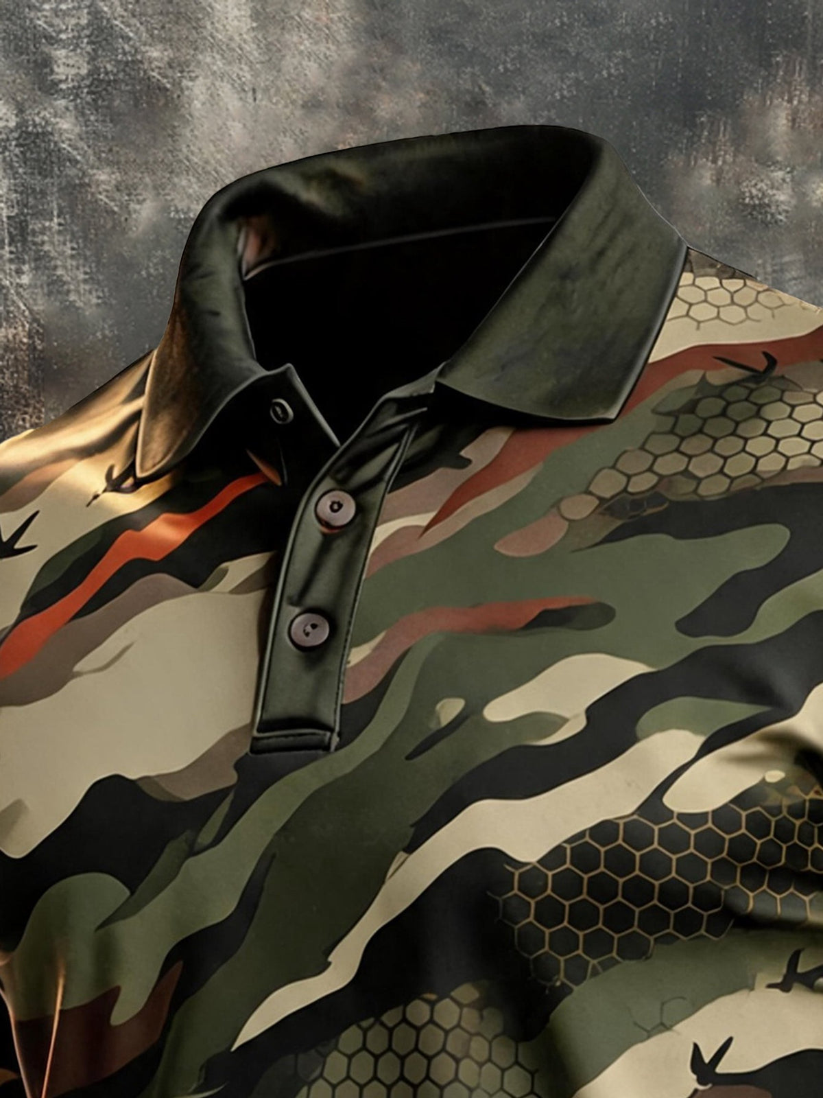 Men's Retro Color-Block Camouflage Long-Sleeve Polo Shirt
