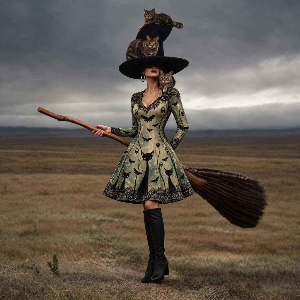 Women's Gothic Halloween Print V Neck Long Sleeve Dress – Halloween Costume