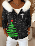 Women's Christmas Faith Plush Zipper Casual Hooded Sweatshirt
