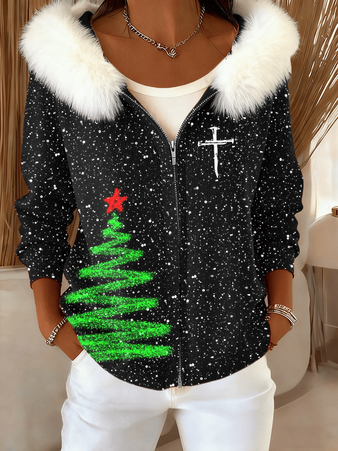 Women's Christmas Faith Plush Zipper Casual Hooded Sweatshirt