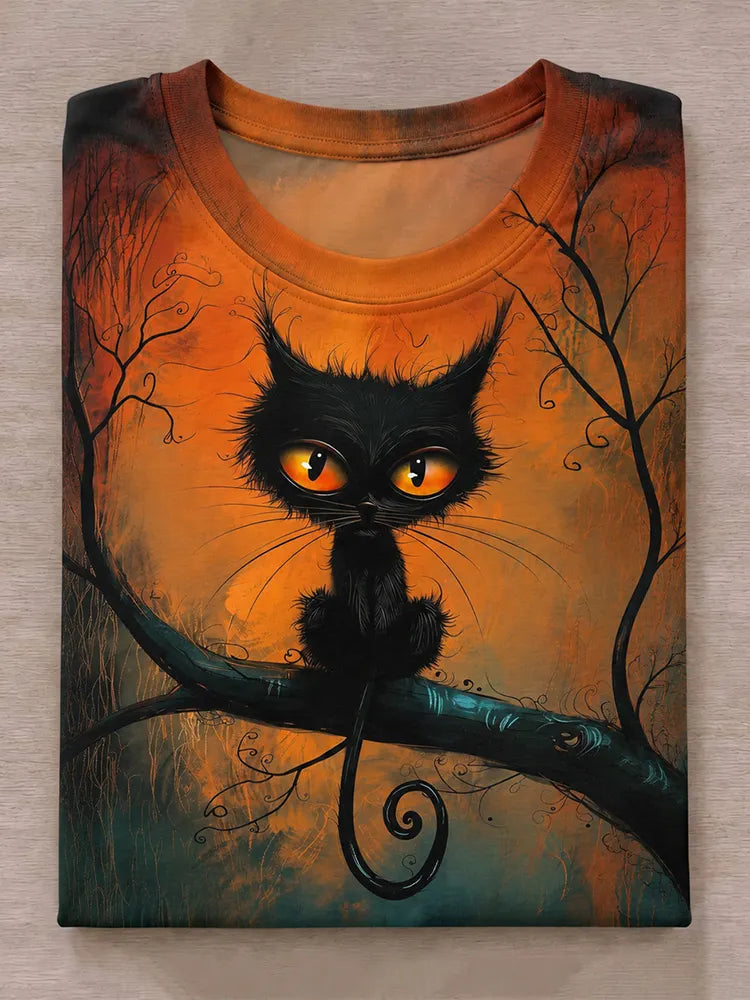 Women's Halloween Cat Art Print Casual T-shirt