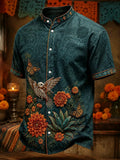 Men's Day Of The Dead Skeleton Hummingbird Monarch Butterflies And Marigolds Print Stand Collar Short Sleeve Shirt