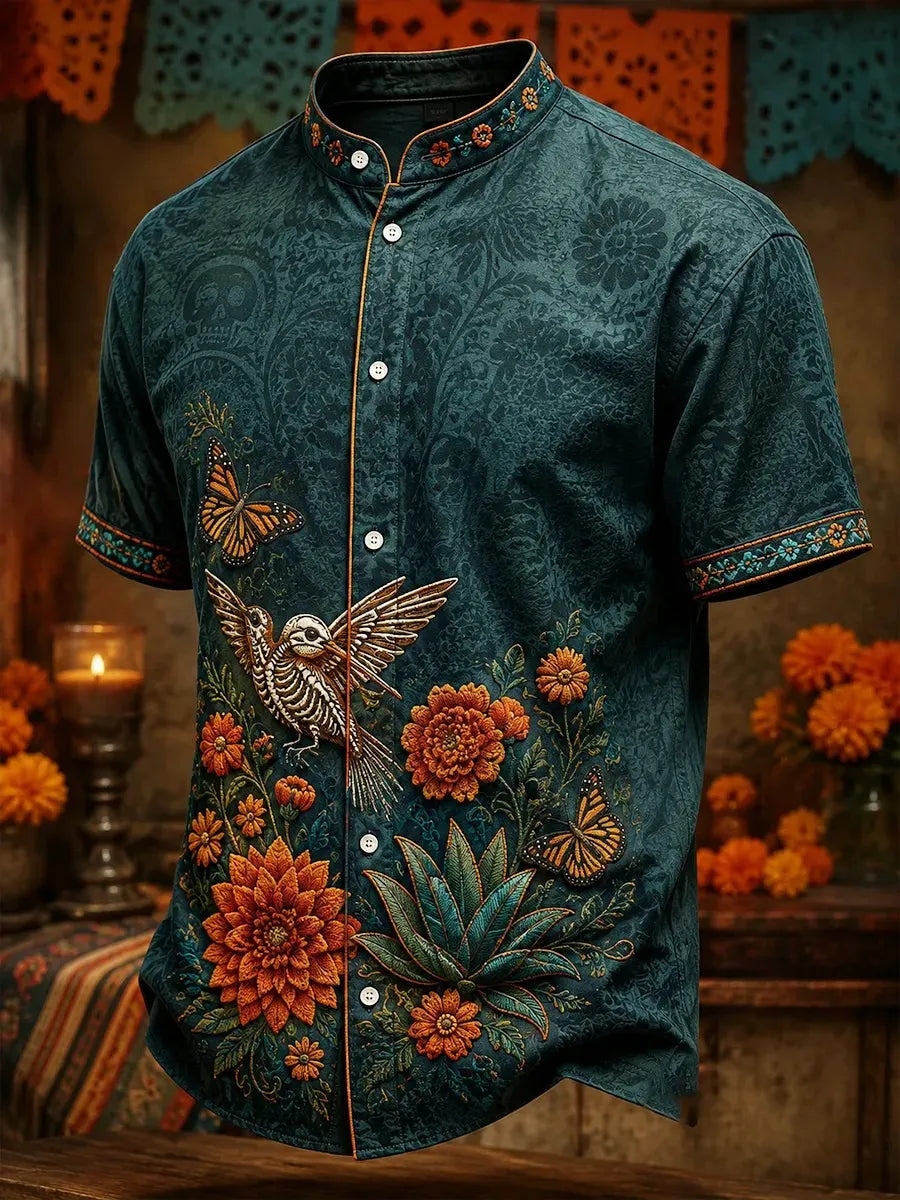 Men's Day Of The Dead Skeleton Hummingbird Monarch Butterflies And Marigolds Print Stand Collar Short Sleeve Shirt