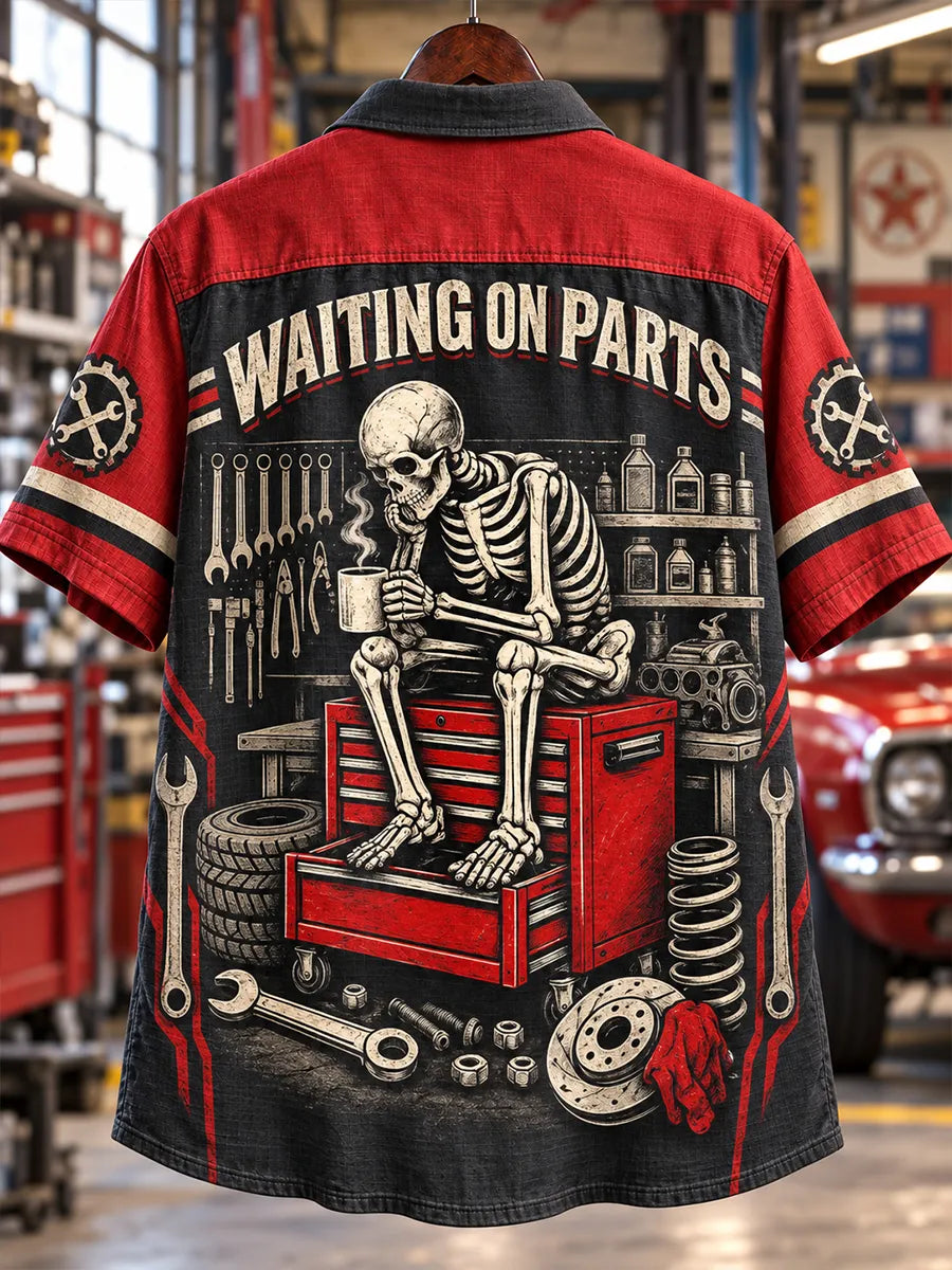 ☕ "Waiting on Parts" Skeleton Mechanic Workshop Shirt