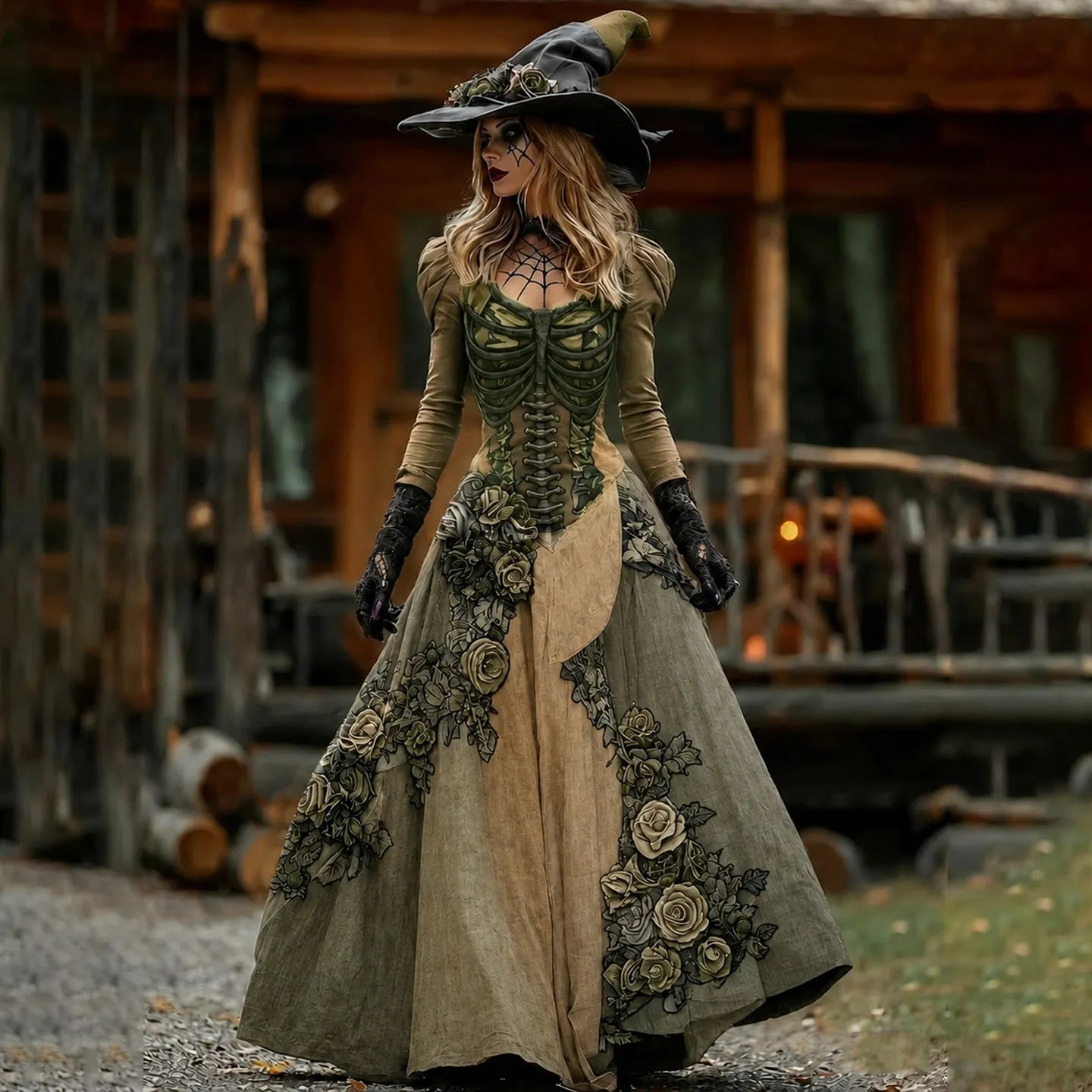 Vintage  Skull Rib Cage Rose Pattern Maxi Dress