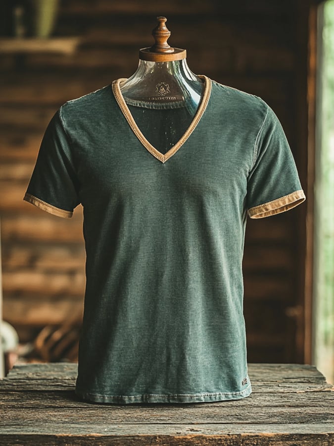 Men's Vintage Distressed V-Neck Contrast Color Edge Short Sleeve T-Shirt