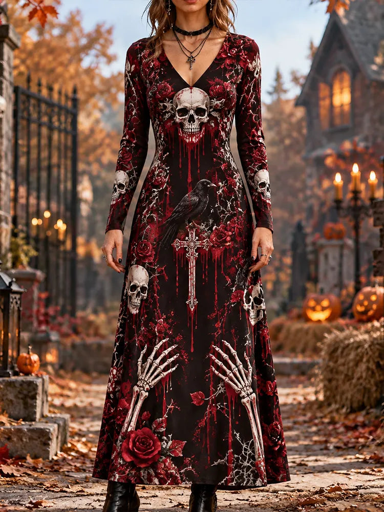 Women's Gothic Halloween Skull Crow Cross Print Maxi Dress