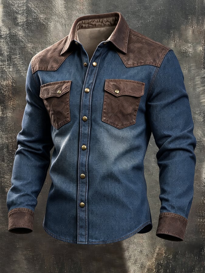 Men'S Vintage Western-Style Long-Sleeve Shirt With Suede Patchwork And Color-Block Details