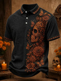 Men's Day Of The Dead Butterflies Circling Ornate Sugar Skull Print Short Sleeve Polo Shirt