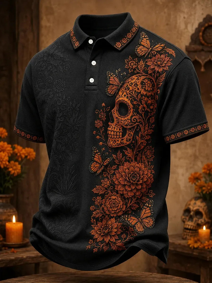 Men's Day Of The Dead Butterflies Circling Ornate Sugar Skull Print Short Sleeve Polo Shirt