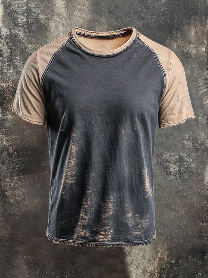 Men's retro style color block round neck short sleeve t-shirt