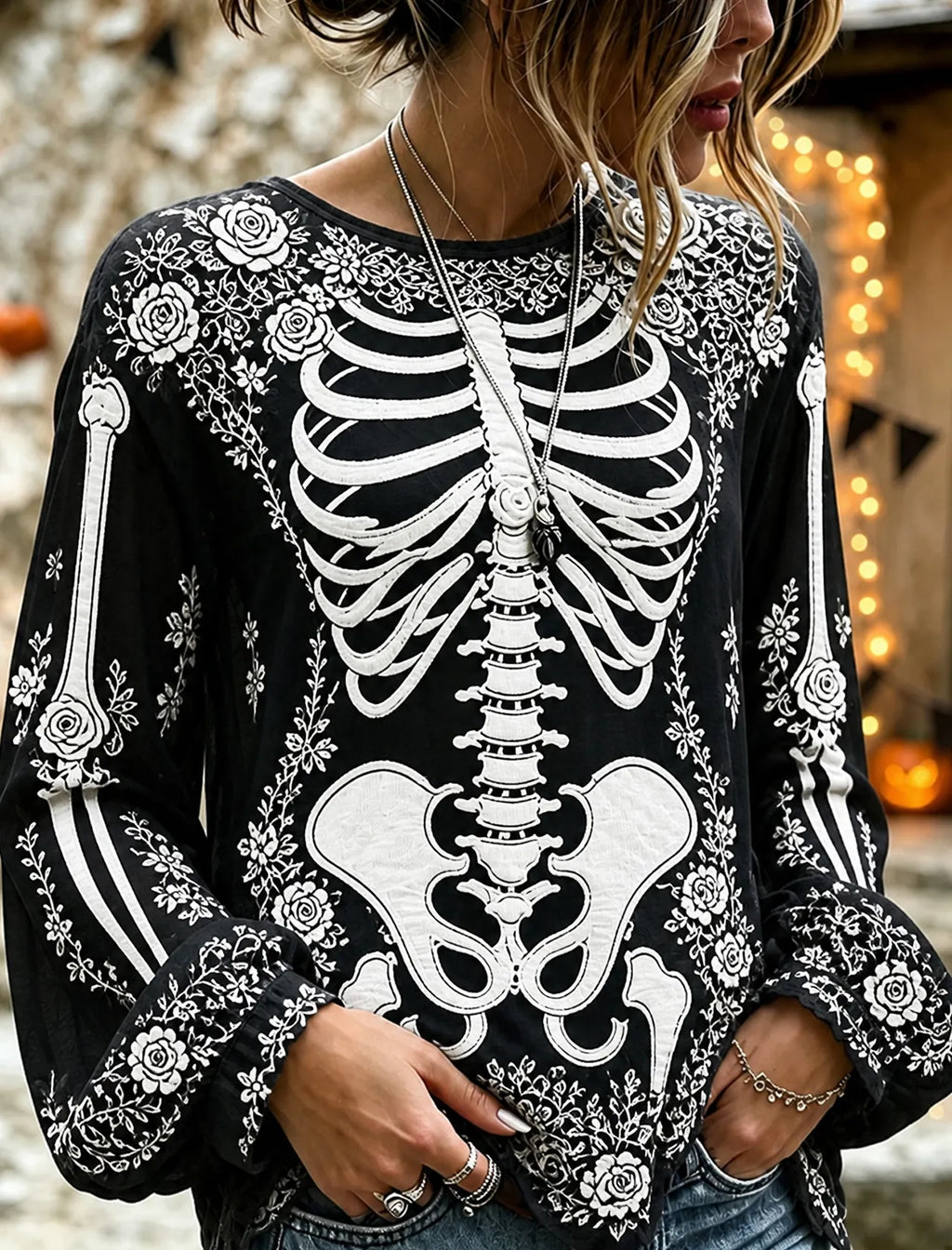 Women's Retro Halloween Bloody Human Skeleton With Floral Art Casual Long Sleeve Tops