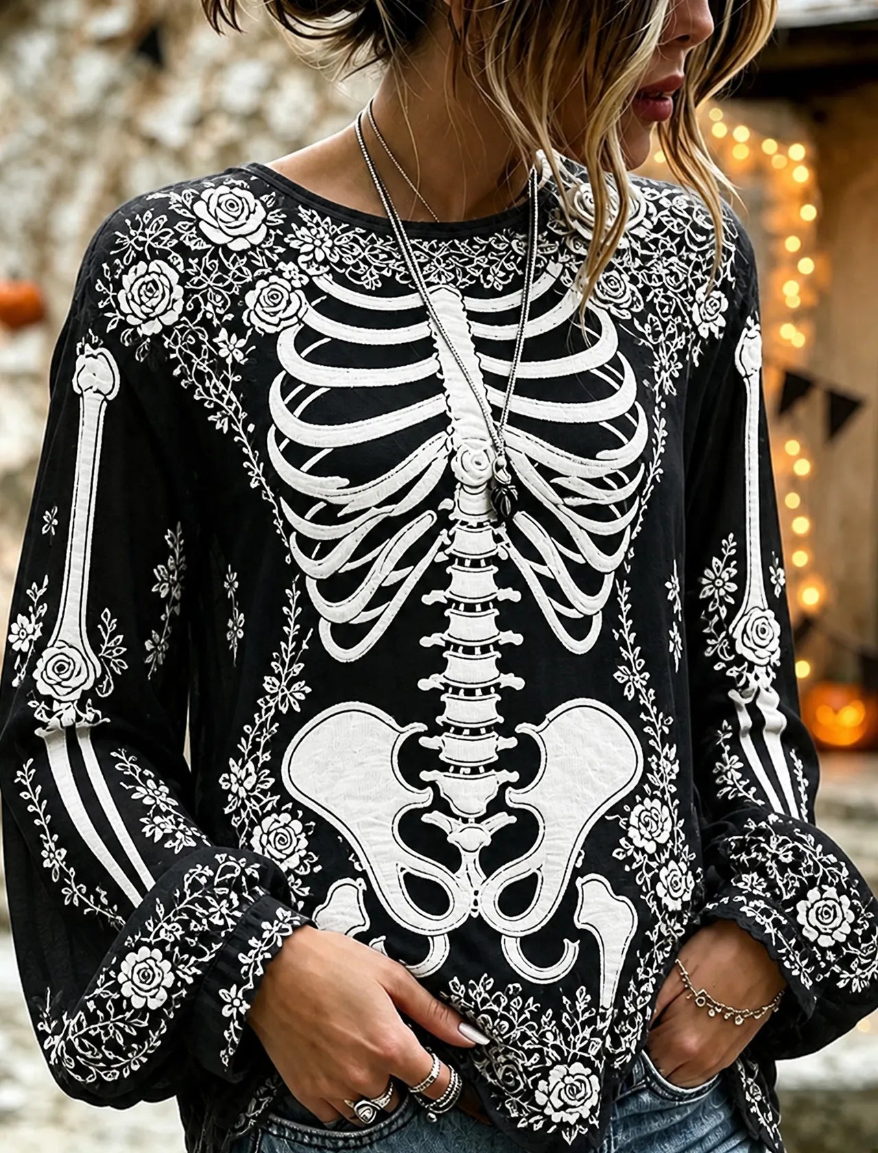 Women's Retro Halloween Bloody Human Skeleton With Floral Art Casual Long Sleeve Tops