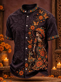 Men's Day Of The Dead Skeletal Lady And Dog Marigold Print Stand Collar Short Sleeve Shirt