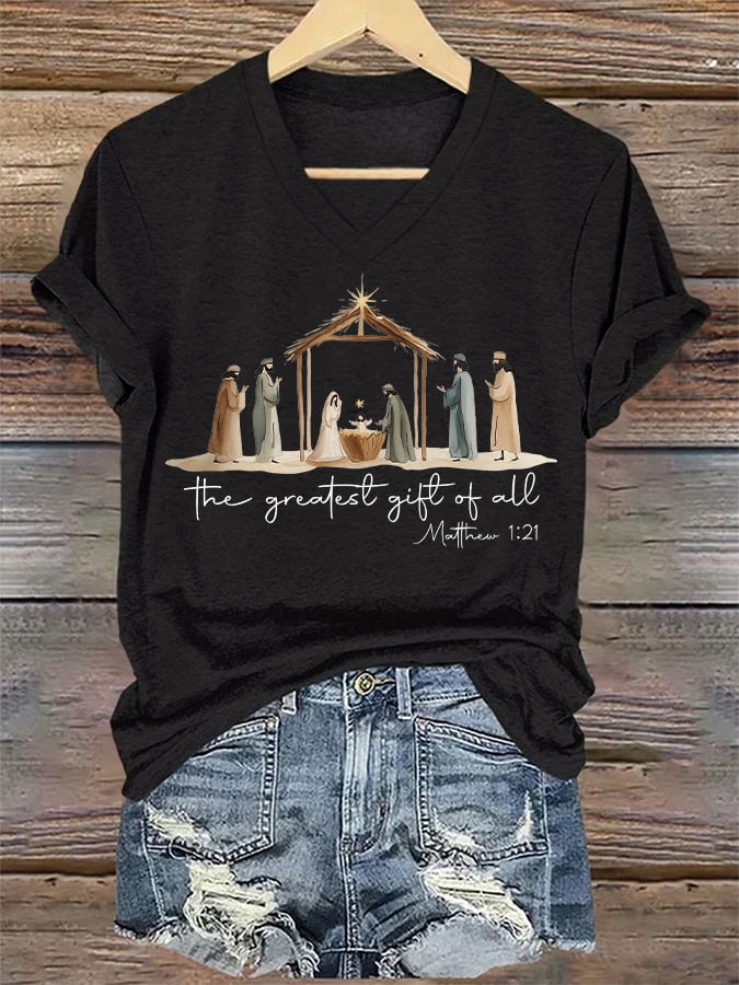V-Neck Retro Christmas The Greatest Gift Of All Is Jesus Matthew 1:21 Print T-Shirt