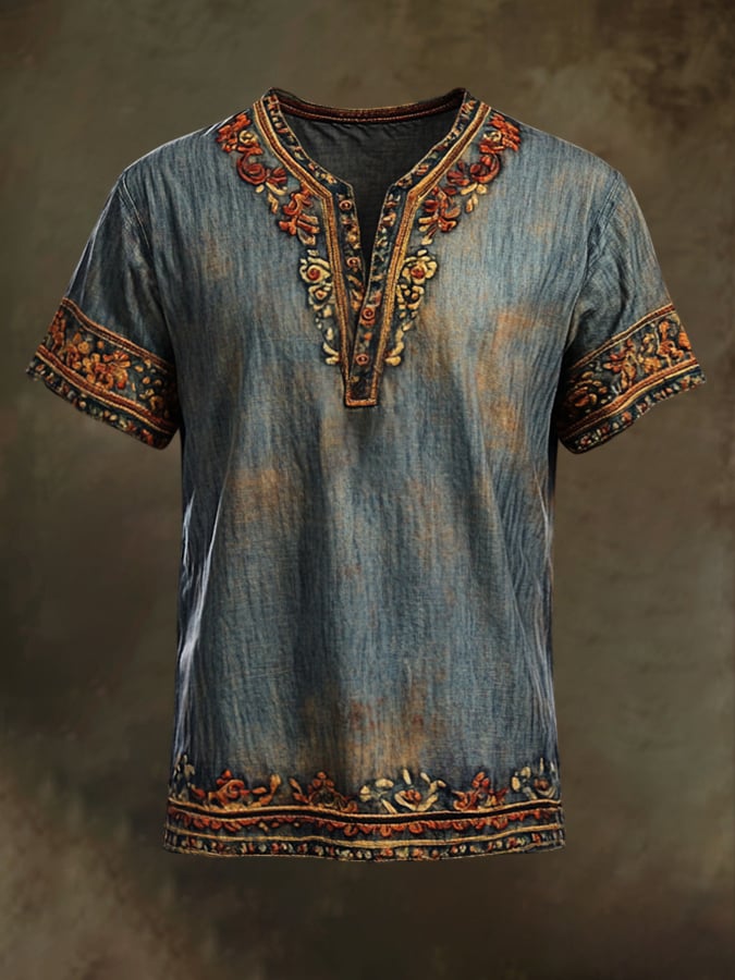Men's Vintage Floral Casual Henley Short Sleeve T-Shirt