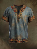 Men's Vintage Floral Casual Henley Short Sleeve T-Shirt