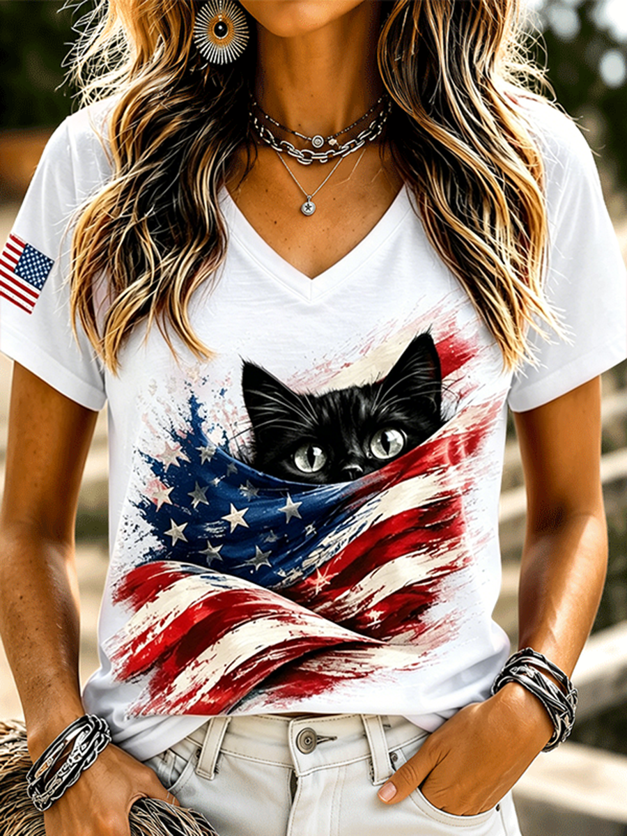 Women's V Neck Black Cat Hidden In American Flag Print Short Sleeve T-Shirt