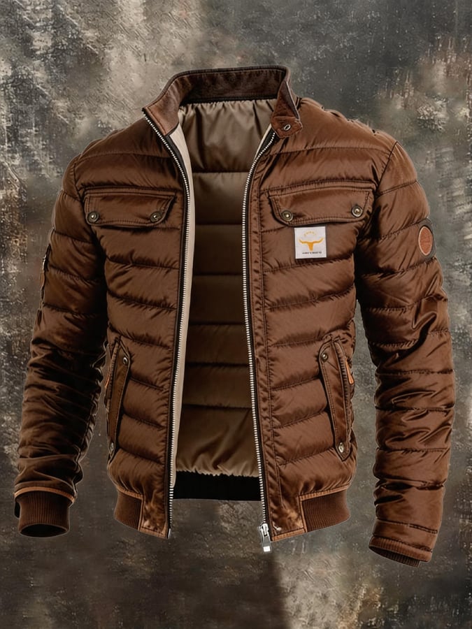 Men's Retro Leather Quilted Patchwork Warm Zipper Outdoor Jacket