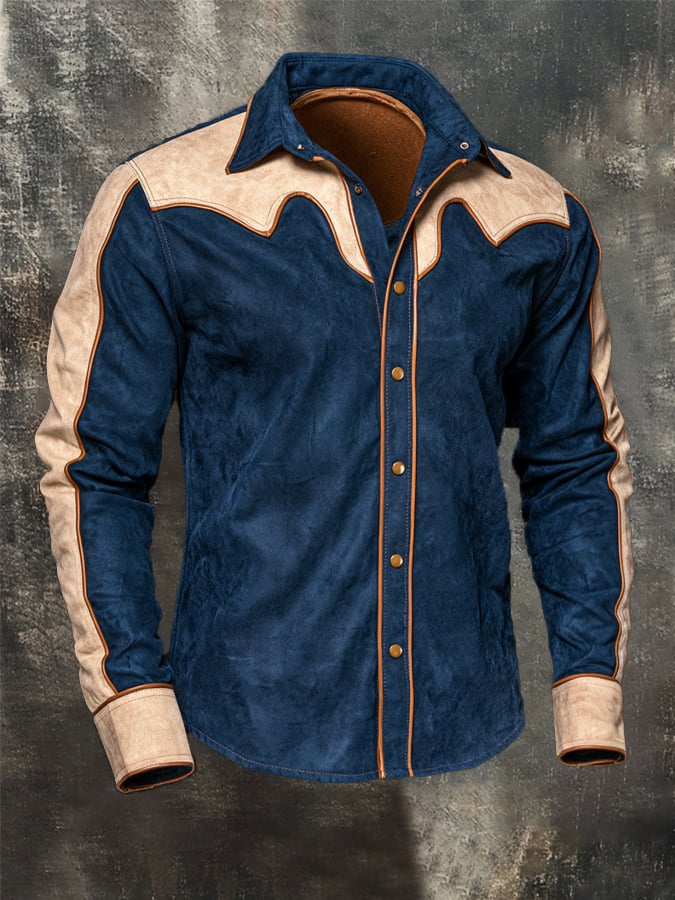 Men's Vintage Color-Block Faux Suede Western Shirt