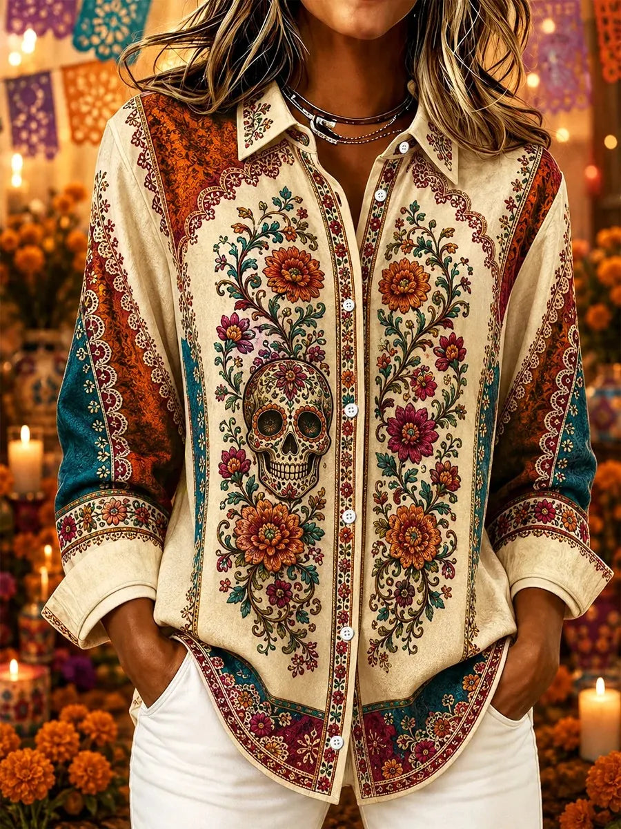 Women's Day Of The Dead Print Long Sleeve Shirt